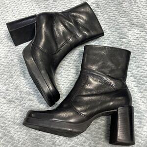 Bass Juliette Boots Women 7.5 Leather Square Toe Y2K Block Heel‎ Zip Up Goth